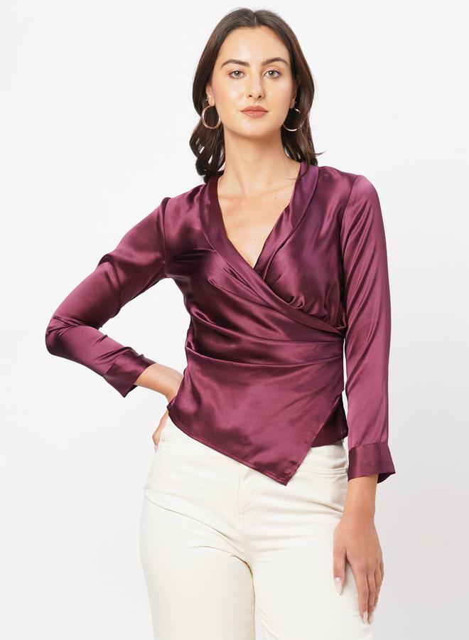 Mish Satin Wrap Style Top with Side Pleat Detail - Image 3