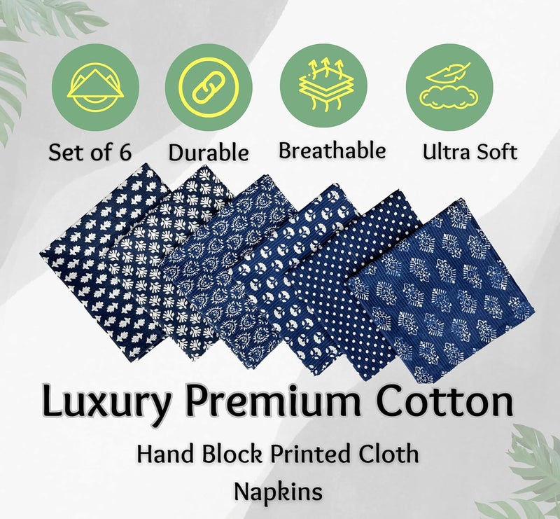 Third Eye Export Cloth Napkins Set of 6  Indigo Blue Cotton Floral Dinner Napkins for Table  Reusable Indian Block Print Washable Napkins for Wedding Party Boho Decor Indigo Blue Large 18x18 Inches - Image 2