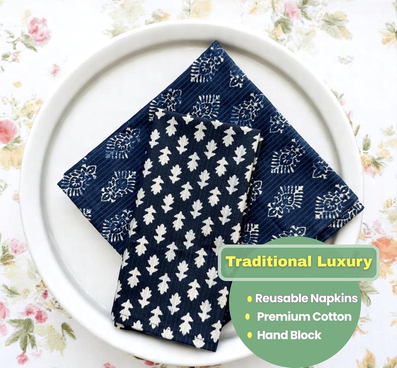 Third Eye Export Cloth Napkins Set of 6  Indigo Blue Cotton Floral Dinner Napkins for Table  Reusable Indian Block Print Washable Napkins for Wedding Party Boho Decor Indigo Blue Large 18x18 Inches - Image 4