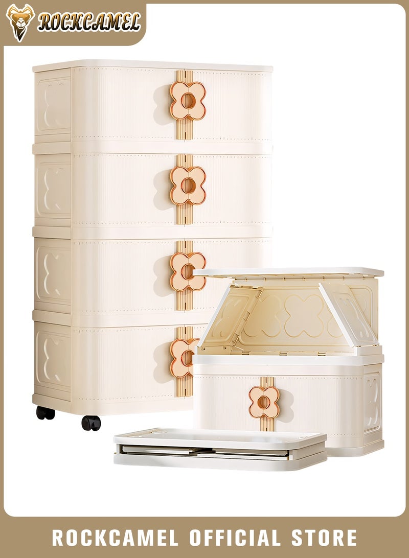 ROCKCAMEL خزانة تخزين قابلة للطي متعددة الوظائف، 4 طبقات من صناديق التخزين البلاستيكية القابلة للتكديس مع عجلات عالمية وأبواب بلون موحد، صندوق تخزين ألعاب، خزانة وجبات خفيفة، خزانة كتب للمنزل والمكتب (60*36*118 سم) - Image 1