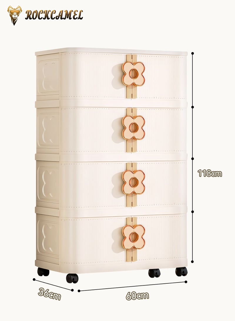 ROCKCAMEL خزانة تخزين قابلة للطي متعددة الوظائف، 4 طبقات من صناديق التخزين البلاستيكية القابلة للتكديس مع عجلات عالمية وأبواب بلون موحد، صندوق تخزين ألعاب، خزانة وجبات خفيفة، خزانة كتب للمنزل والمكتب (60*36*118 سم) - Image 3