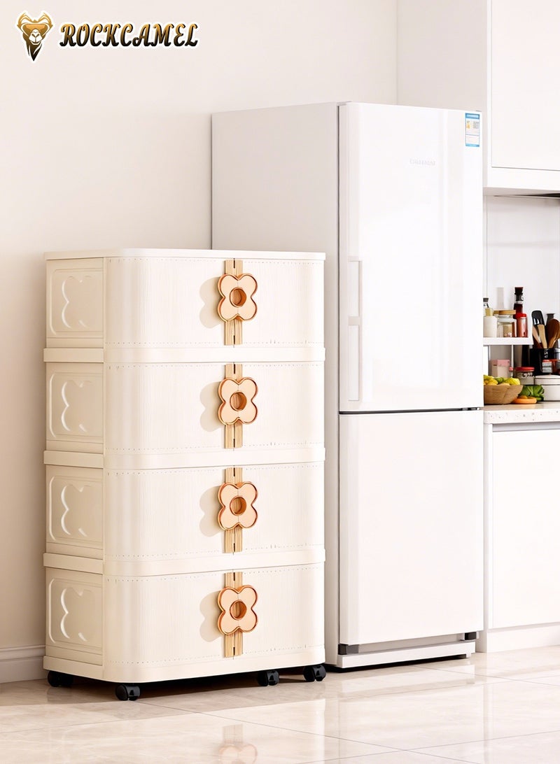 ROCKCAMEL خزانة تخزين قابلة للطي متعددة الوظائف، 4 طبقات من صناديق التخزين البلاستيكية القابلة للتكديس مع عجلات عالمية وأبواب بلون موحد، صندوق تخزين ألعاب، خزانة وجبات خفيفة، خزانة كتب للمنزل والمكتب (60*36*118 سم) - Image 2