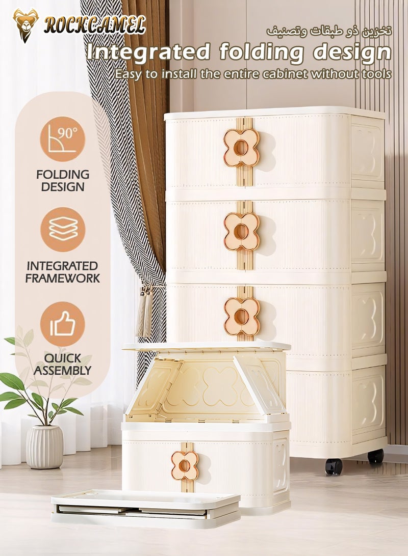 ROCKCAMEL خزانة تخزين قابلة للطي متعددة الوظائف، 4 طبقات من صناديق التخزين البلاستيكية القابلة للتكديس مع عجلات عالمية وأبواب بلون موحد، صندوق تخزين ألعاب، خزانة وجبات خفيفة، خزانة كتب للمنزل والمكتب (60*36*118 سم) - Image 5