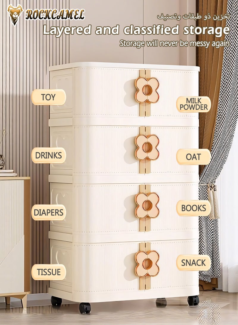 ROCKCAMEL خزانة تخزين قابلة للطي متعددة الوظائف، 4 طبقات من صناديق التخزين البلاستيكية القابلة للتكديس مع عجلات عالمية وأبواب بلون موحد، صندوق تخزين ألعاب، خزانة وجبات خفيفة، خزانة كتب للمنزل والمكتب (60*36*118 سم) - Image 4
