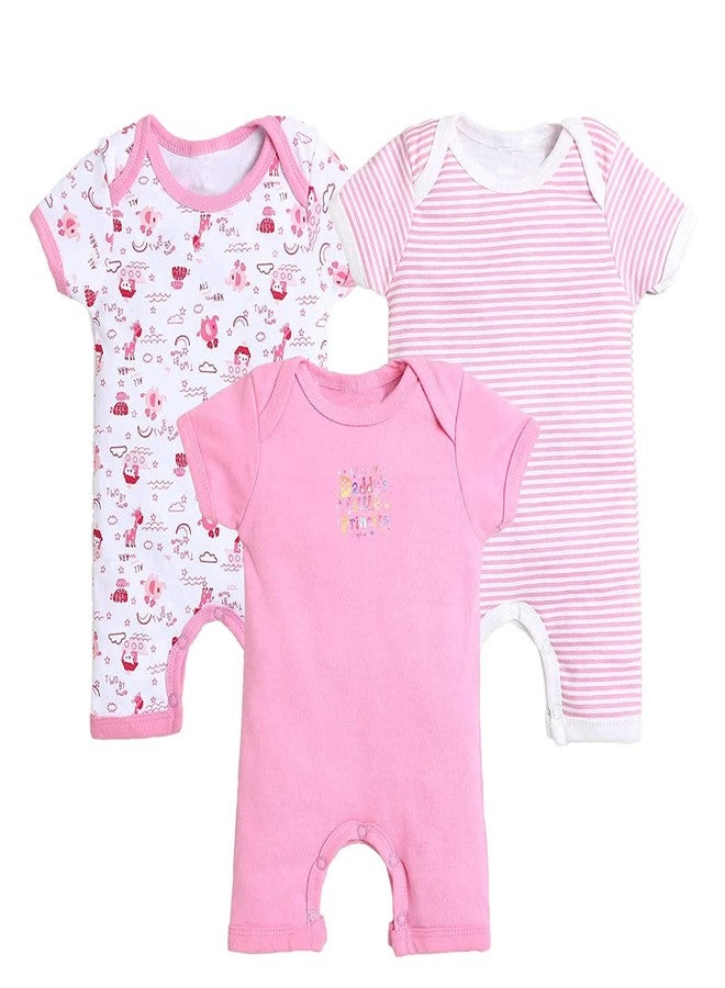 TiniBerry New Born Baby Multi-Color Cotton Sleep Suit Romper Body Jumpsuti BodySuit for Boys and Girls Set of 3 (3-6 Months, Pink) - Image 1