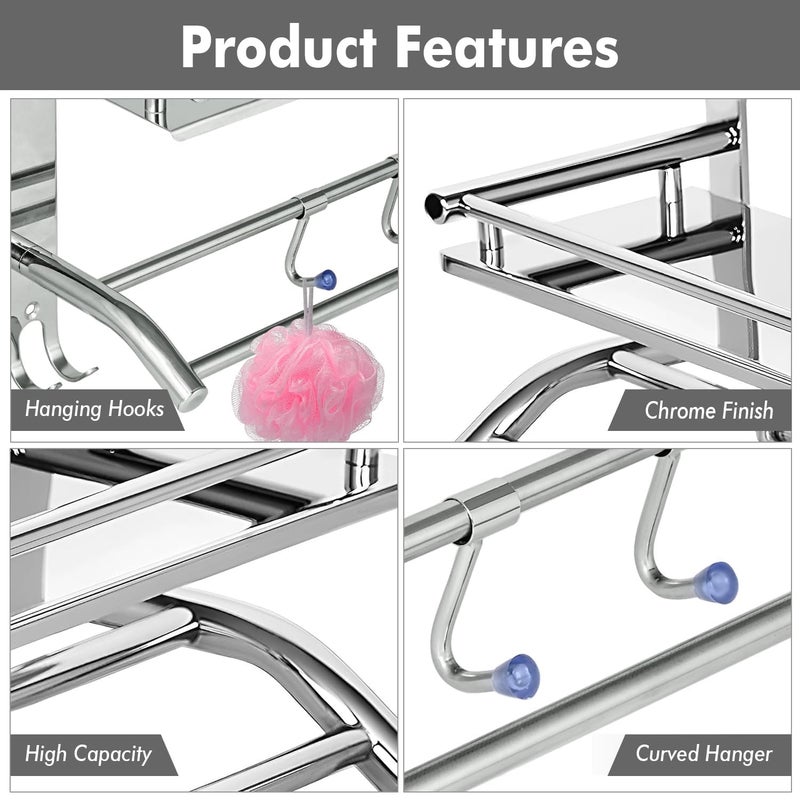 Pivalo 2 in 1 Stainless Steel Bathroom Shelf with Hook Hanger Multipurpose Home Accessories Organizer Set Corner Wall Mount Rack for Towel Soap Toothbrush Pack of 1 Silver - Image 3