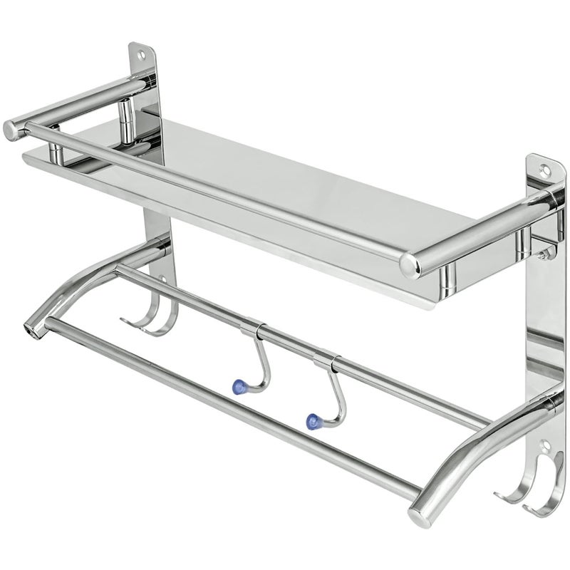 Pivalo 2 in 1 Stainless Steel Bathroom Shelf with Hook Hanger Multipurpose Home Accessories Organizer Set Corner Wall Mount Rack for Towel Soap Toothbrush Pack of 1 Silver - Image 1