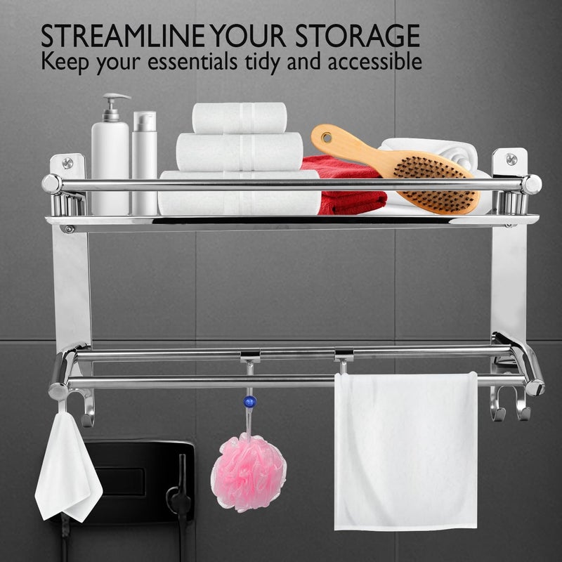 Pivalo 2 in 1 Stainless Steel Bathroom Shelf with Hook Hanger Multipurpose Home Accessories Organizer Set Corner Wall Mount Rack for Towel Soap Toothbrush Pack of 1 Silver - Image 5