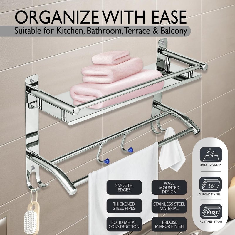 Pivalo 2 in 1 Stainless Steel Bathroom Shelf with Hook Hanger Multipurpose Home Accessories Organizer Set Corner Wall Mount Rack for Towel Soap Toothbrush Pack of 1 Silver - Image 4