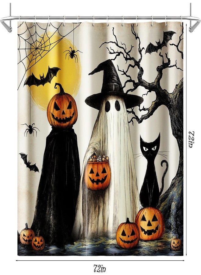 MelonBoat Halloween Fall Shower Curtain: Rustic Witches Ghosts Pumpkins Black Cat Halloween Shower Curtain Set with Hooks, Fabric Cute Bathroom Decorations for Window Home Farmhouse Indoor Decor, 72' x 72' - Image 2