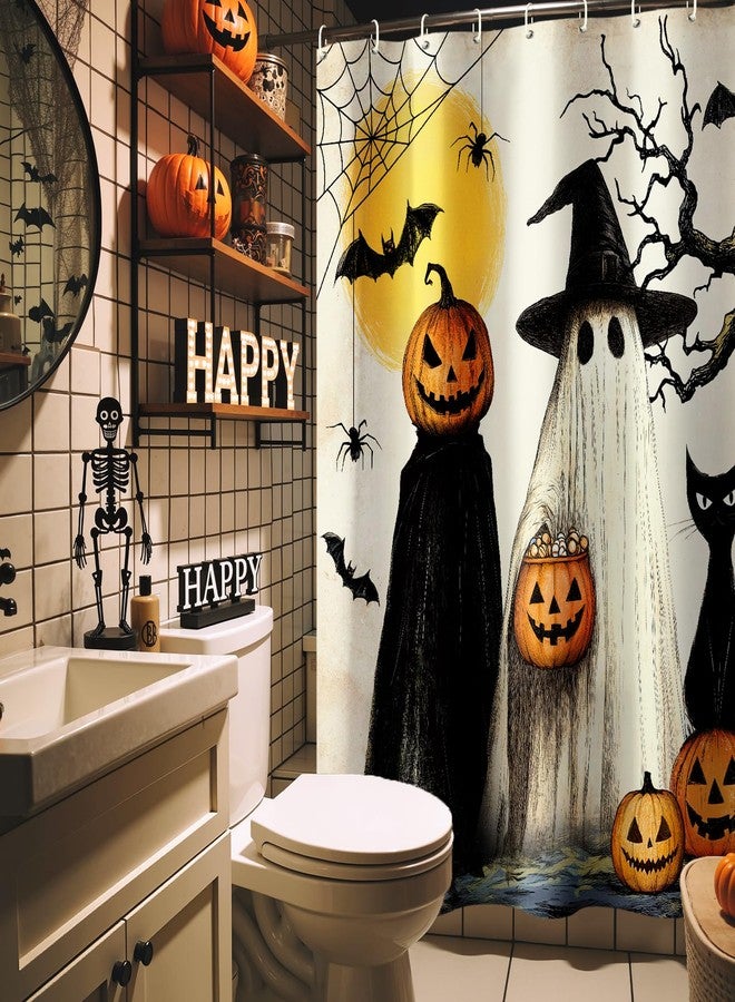 MelonBoat Halloween Fall Shower Curtain: Rustic Witches Ghosts Pumpkins Black Cat Halloween Shower Curtain Set with Hooks, Fabric Cute Bathroom Decorations for Window Home Farmhouse Indoor Decor, 72' x 72' - Image 5