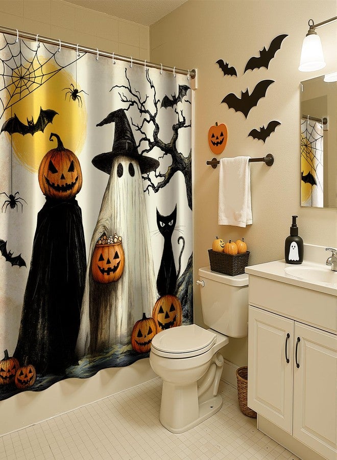 MelonBoat Halloween Fall Shower Curtain: Rustic Witches Ghosts Pumpkins Black Cat Halloween Shower Curtain Set with Hooks, Fabric Cute Bathroom Decorations for Window Home Farmhouse Indoor Decor, 72' x 72' - Image 4