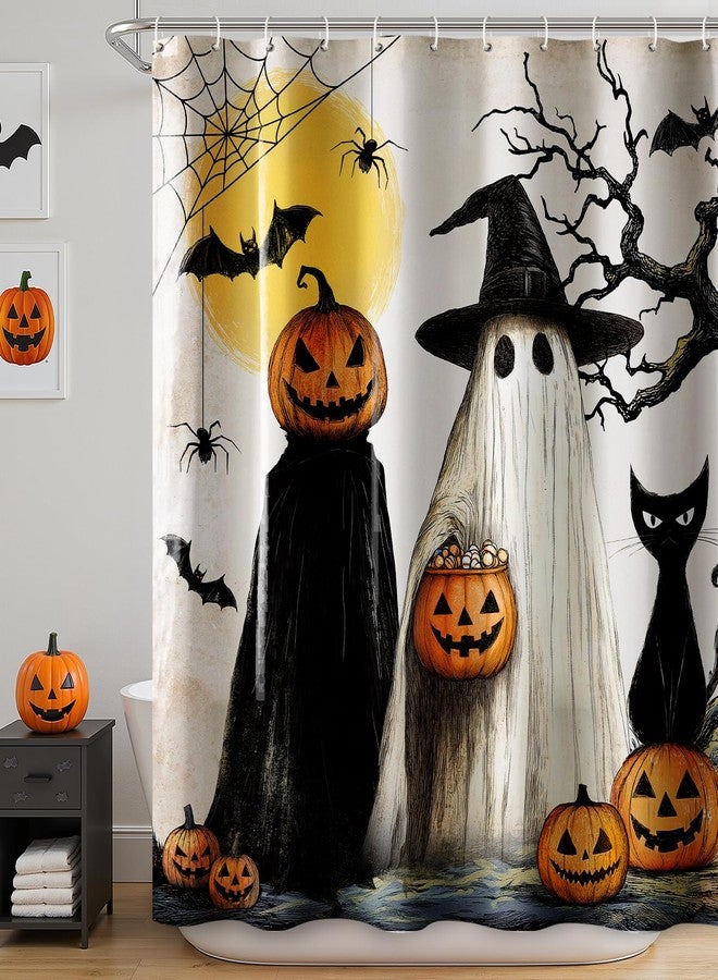 MelonBoat Halloween Fall Shower Curtain: Rustic Witches Ghosts Pumpkins Black Cat Halloween Shower Curtain Set with Hooks, Fabric Cute Bathroom Decorations for Window Home Farmhouse Indoor Decor, 72' x 72' - Image 1