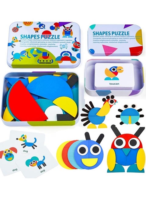 Wooden Pattern Blocks - Tangram Shape Puzzle Set Color Sorting Stacking Game Wood Animal Jigsaw Preschool Montessori Brain Teaser Board Games for 3 4 5 Years Old Toddler Kids (60 Pattern Cards)