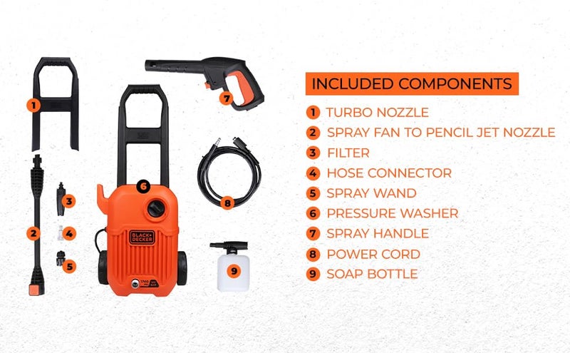 BLACK+DECKER بلاك + ديكر BEPW1750-IN 1500 واط 1740 PSI 120 بار غسالة ضغط للسيارات والاستخدام المنزلي (أحمر وأسود) - Image 4