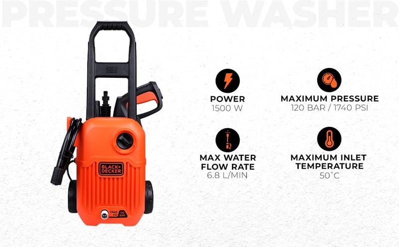 BLACK+DECKER بلاك + ديكر BEPW1750-IN 1500 واط 1740 PSI 120 بار غسالة ضغط للسيارات والاستخدام المنزلي (أحمر وأسود) - Image 2