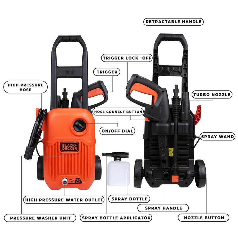 BLACK+DECKER بلاك + ديكر BEPW1750-IN 1500 واط 1740 PSI 120 بار غسالة ضغط للسيارات والاستخدام المنزلي (أحمر وأسود) - Image 3