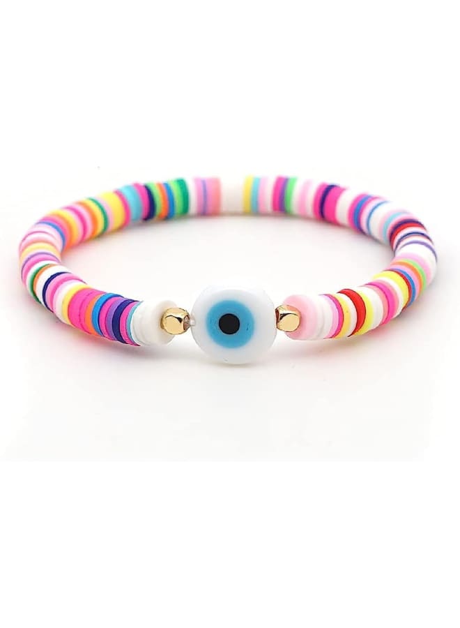 HUJUON Colorful Heishi Evil Eye Bracelets,Bohemian Handmade Soft Pottery Beades Polymer Clay Rainbow Elastic Rope Bracelet Summer Beach Jewelry for Women, Resin, alloy, - Image 1