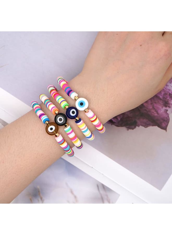 HUJUON Colorful Heishi Evil Eye Bracelets,Bohemian Handmade Soft Pottery Beades Polymer Clay Rainbow Elastic Rope Bracelet Summer Beach Jewelry for Women, Resin, alloy, - Image 2