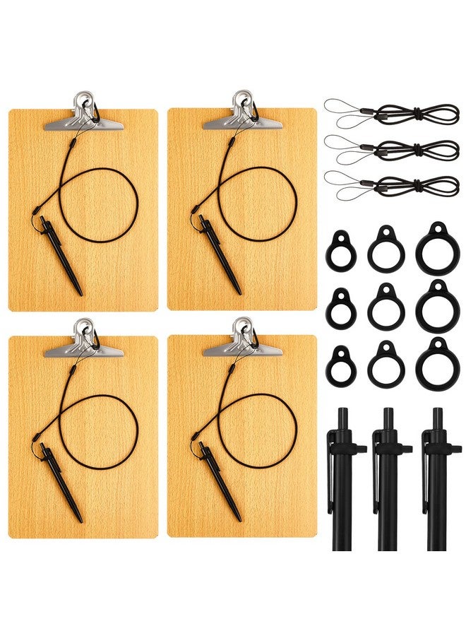 Henoyso 4 Pcs 9 X 12.5 Inch Wood Clipboards With Pen Attached Include 10 Sets 24 Inch Pen Leash And Pen Rubber Ring Metal Buckles Clips Attaches To Clipboard Or Notebook - Image 1