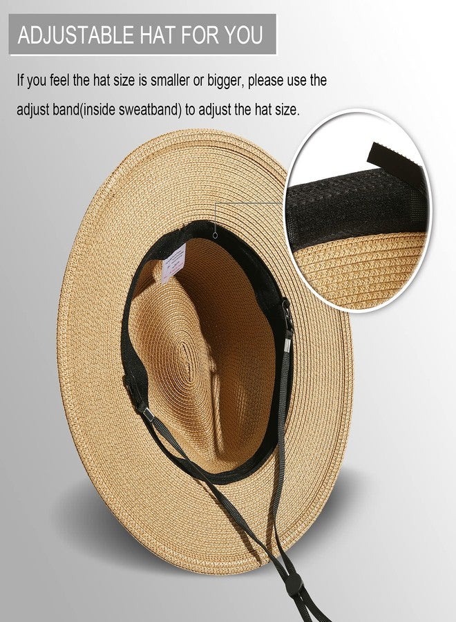 Lanzom Women Wide Brim Straw Panama Roll up Hat Fedora Beach Sun Hat UPF50+, Beige/Brown, S/One size - Image 2