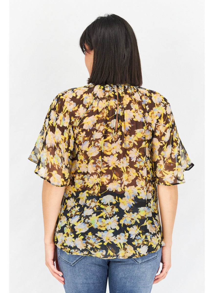 joie - Women Mock Neck Bell Sleeve Allover Print Top, Black Combo - Image 1