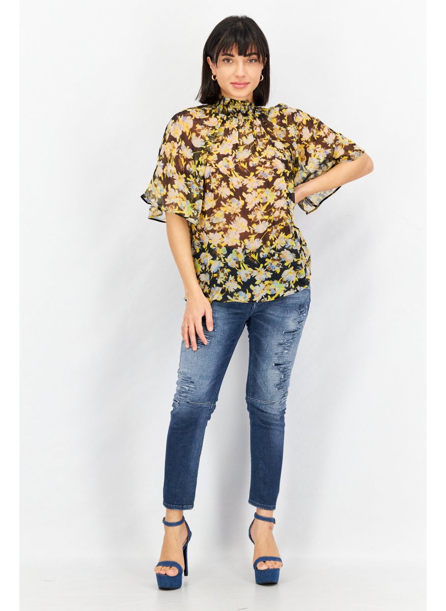 joie - Women Mock Neck Bell Sleeve Allover Print Top, Black Combo - Image 1