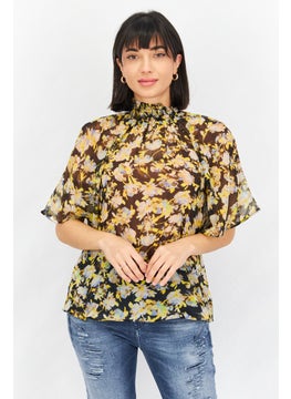 Women Mock Neck Bell Sleeve Allover Print Top, Black Combo