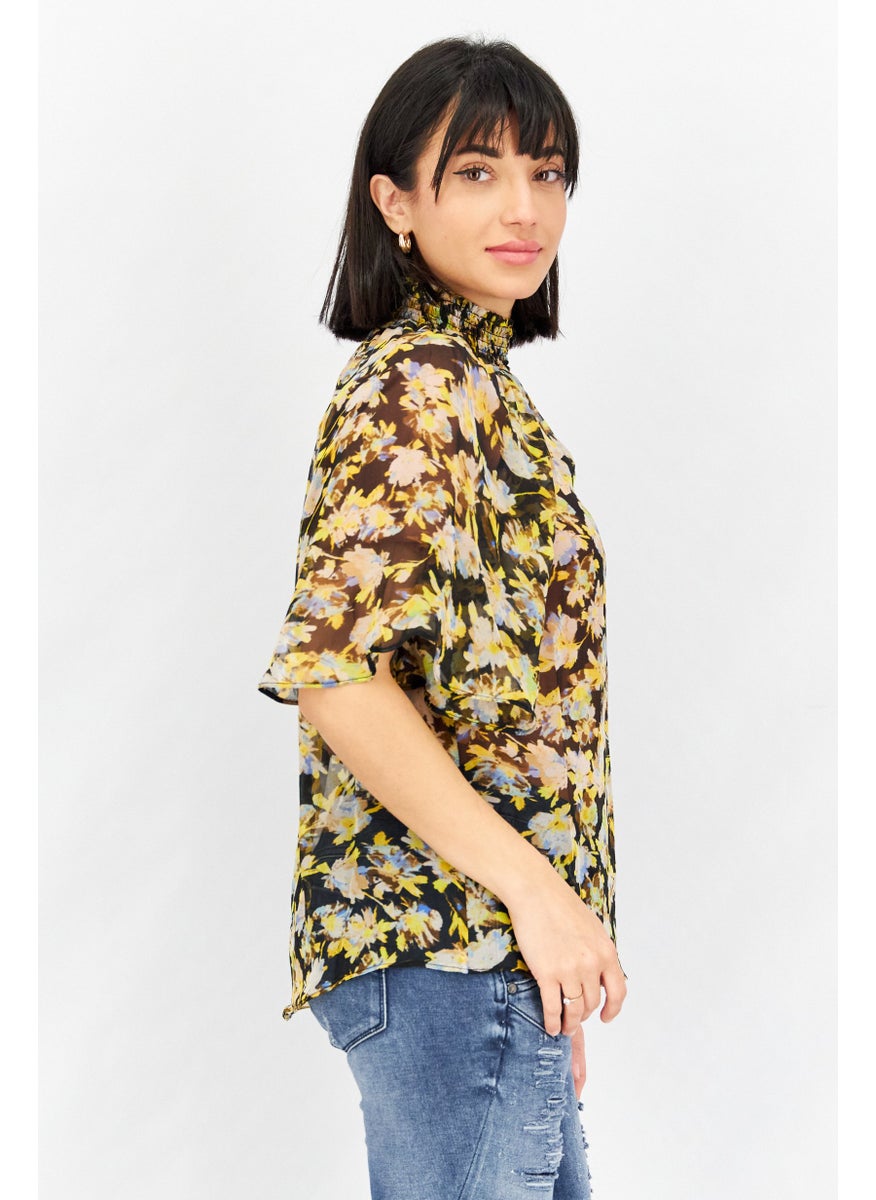 joie - Women Mock Neck Bell Sleeve Allover Print Top, Black Combo - Image 1