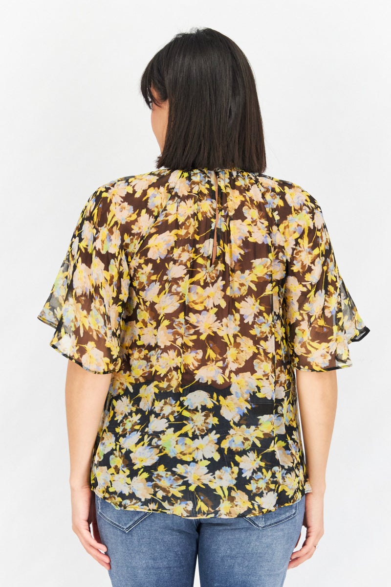 joie Women Mock Neck Bell Sleeve Allover Print Top, Black Combo - Image 2