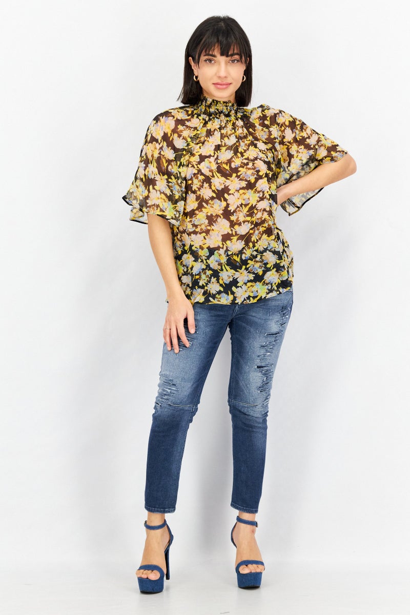 joie Women Mock Neck Bell Sleeve Allover Print Top, Black Combo - Image 4