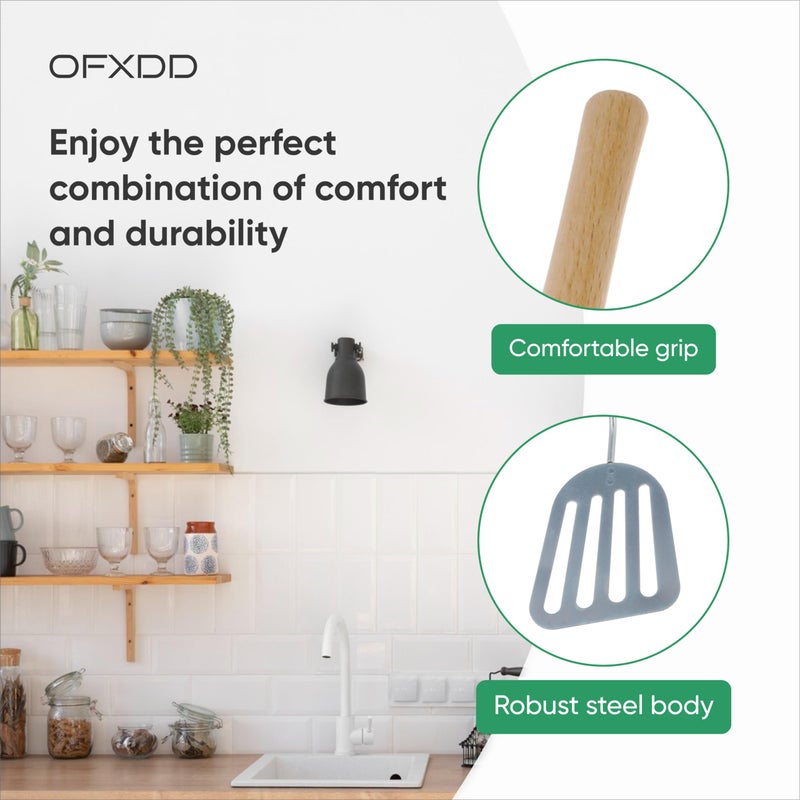 OFXDD Stainless Steel Slotted Spatula - Kitchen Metal Turner for Cooking with Wooden Handle - Image 3