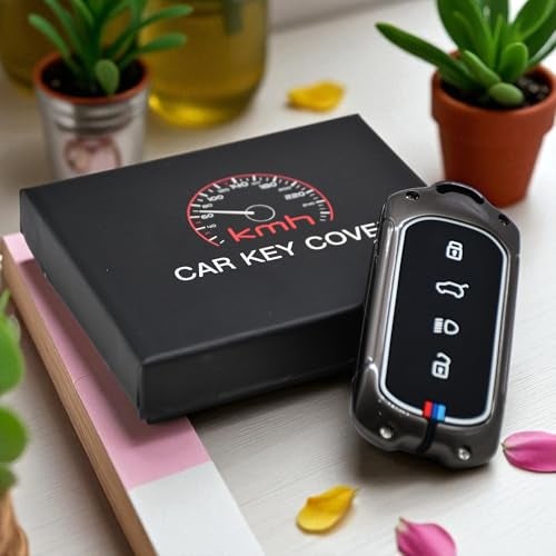 KMH Metal Shell Soft Silicone Key Cover Compatible with Tata Curvv, Curvv EV Electric SUV 4 Buttons Smart keycover with Keychain Key Shell Case Holder Protector (Metallic) - Image 1
