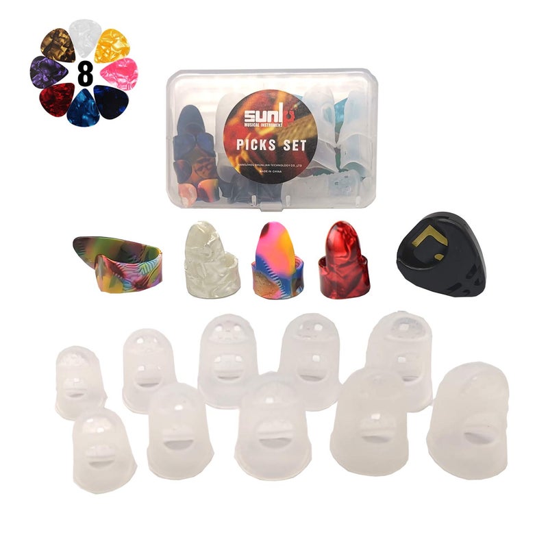 SUNLP Thumb Finger Picks, Guitar Finger Fingertip Protectors, Guitar Picks, Pick Holder, Gift Set Kit useful for Acoustic Guitar Ukulele Kalimba Starter & Other String Instruments - Image 1