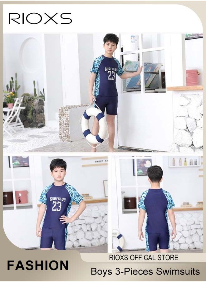 RIOXS 3 PCS Rash Guard Sets with Swimming Hat, Breathable Skin-friendly Swimsuits for Boys, Lightweight Quick-drying Short Sleeve Swimwear Sets, Suitable for Swimming, Surfing, Bathing, Swimming Pool or Beach  - Image 2