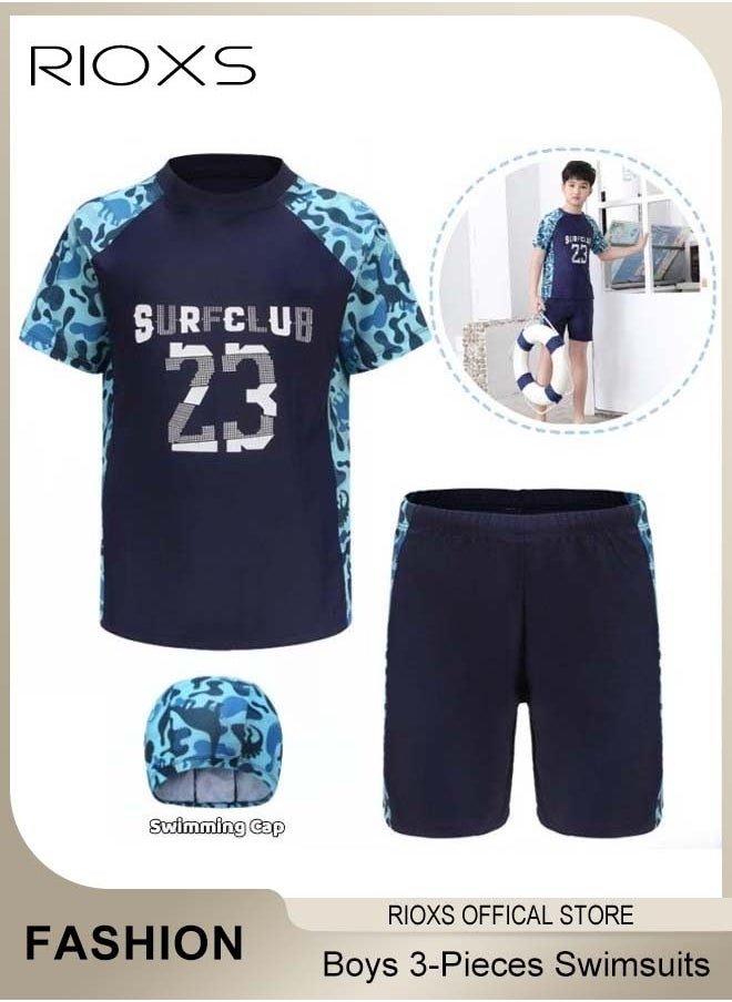 RIOXS 3 PCS Rash Guard Sets with Swimming Hat, Breathable Skin-friendly Swimsuits for Boys, Lightweight Quick-drying Short Sleeve Swimwear Sets, Suitable for Swimming, Surfing, Bathing, Swimming Pool or Beach  - Image 1