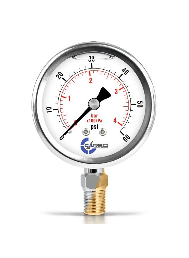 CARBO Instruments Stainless Steel Pressure Gauge Dual Display (0-60 psi/kPa) - 2 1-2" Glycerine Liquid Filled Water Air Oil Gas Gauge with Polycarbonate Lens & Brass Connection - 1/4" NPT Lower Mount - Image 1
