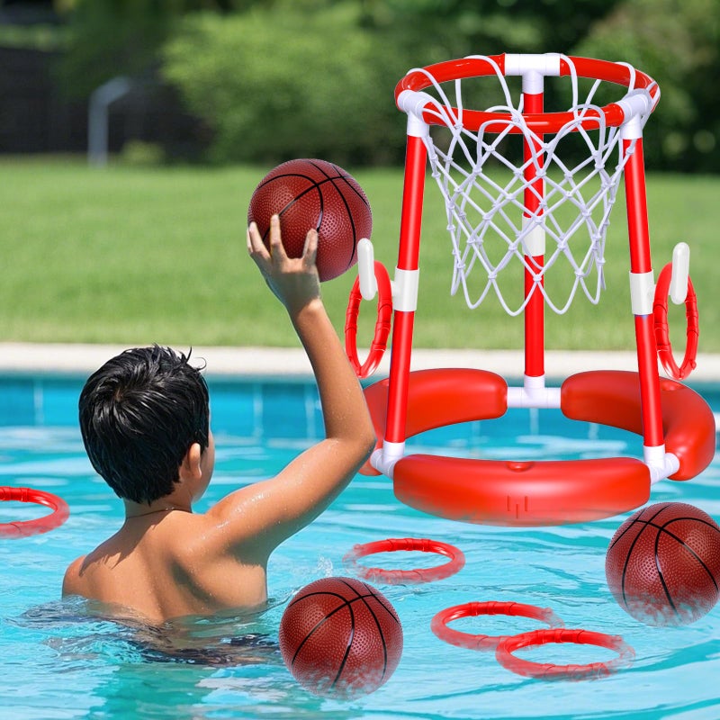 spring flower SpringFlower Pool Basketball HoopFloating Pool Toys Ring Game with Ring Toss Balls and Pump 2in1 Summer Outdoor Swimming Pool Basketball Games Play Toy Family Party for Kids Adults Red - Image 2