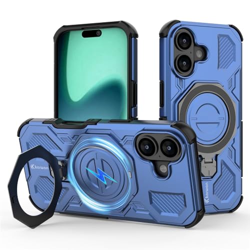 KARWAN Tough Shockproof Armor Back Case Cover Compatible with iPhone 16 with 360 Degree Rotation Magnetic Attraction Ring, Holder Heavy Duty Rugged Cover with MagEaze Wireless Charging (Blue) - Image 1
