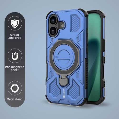 KARWAN Tough Shockproof Armor Back Case Cover Compatible with iPhone 16 with 360 Degree Rotation Magnetic Attraction Ring, Holder Heavy Duty Rugged Cover with MagEaze Wireless Charging (Blue) - Image 2
