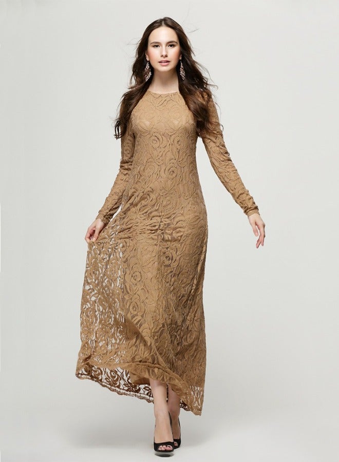 Women's Formal Floral Lace Maxi Dress, Solid Embroidered Net Long Dresses, Evening Party Elegant Dresses, A-Line Modest Long Dresses for Wedding, Party, Travel - Image 4