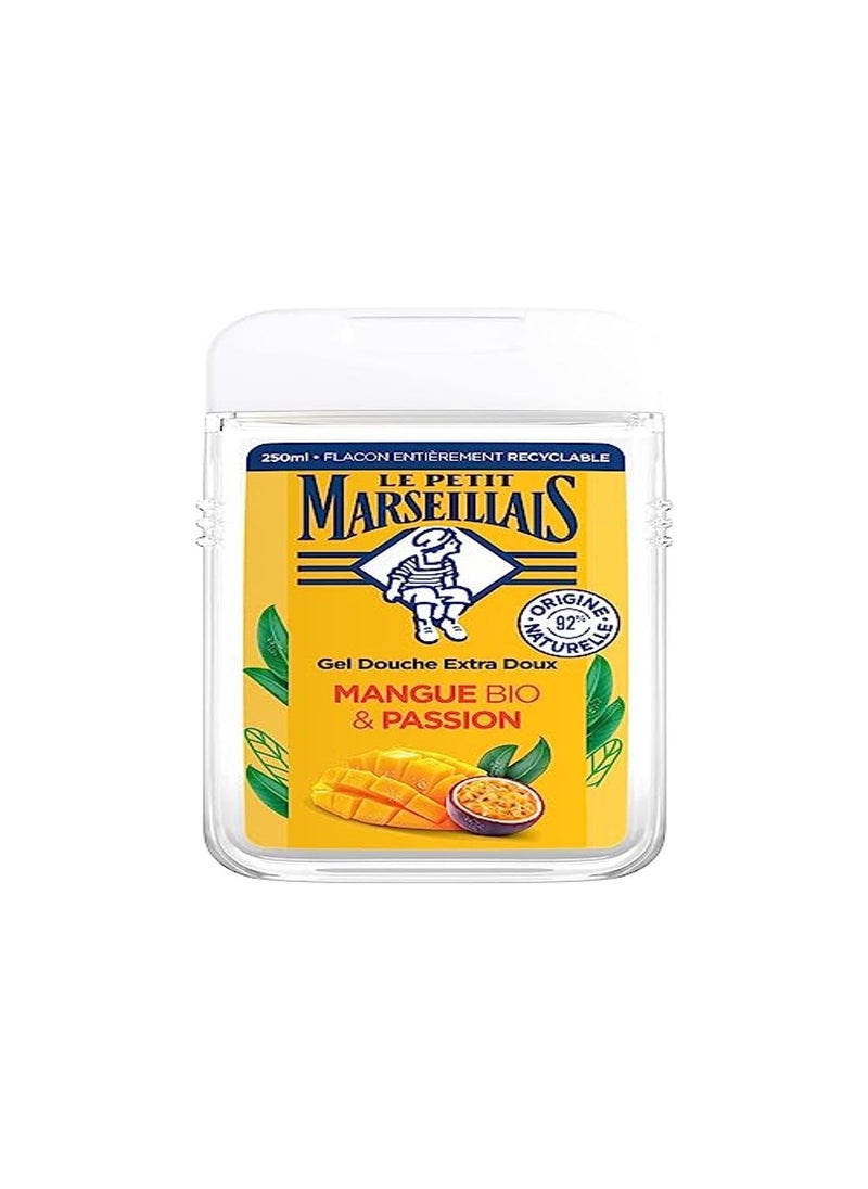 LE PETIT MARSEILLAIS Le Petit Marseillais  Extra Gentle Shower Gel Organic Mango  Passion 250 ml bottle  92 ingredients of natural origin  pH neutral for the skin and without coloring 