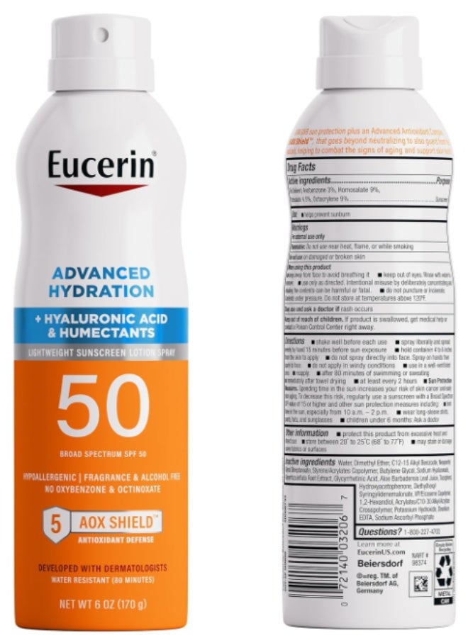 Eucerin Advanced Hydration SPF 50 Sunscreen Spray, Lightweight Sunscreen Lotion Spray, 170g - Image 1