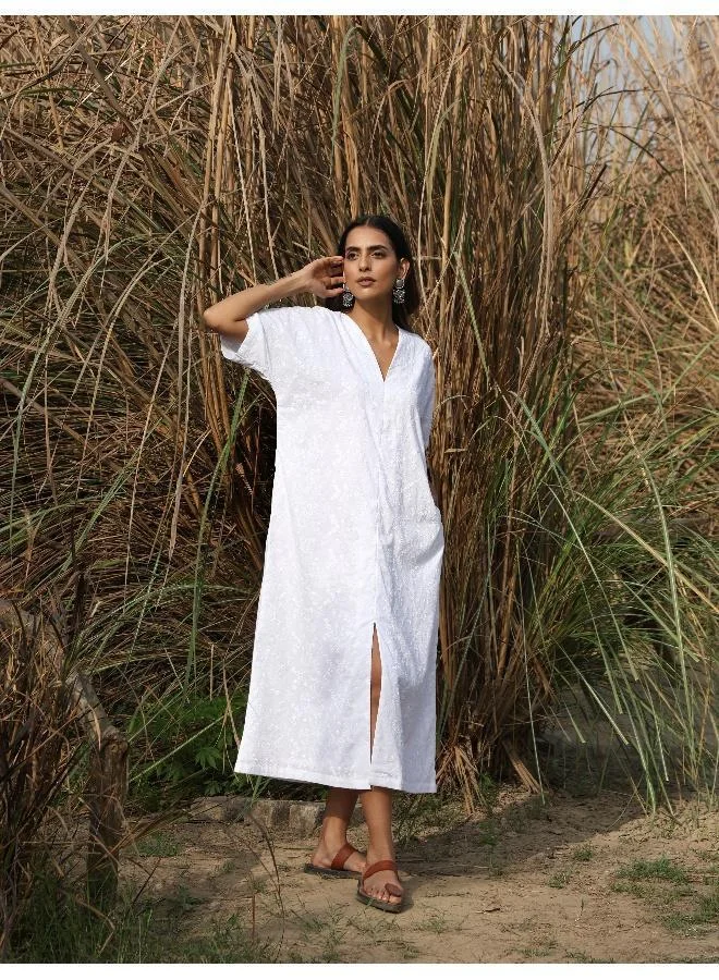 trueBrowns trueBrowns White Cotton Embroidered Front Slit Dress