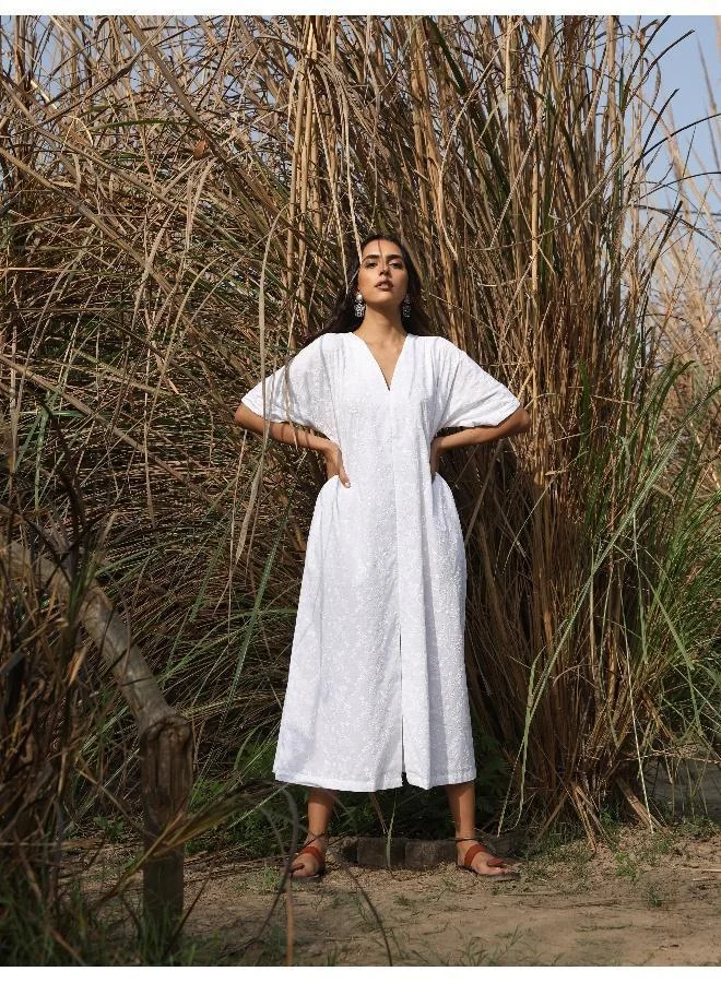 trueBrowns trueBrowns White Cotton Embroidered Front Slit Dress