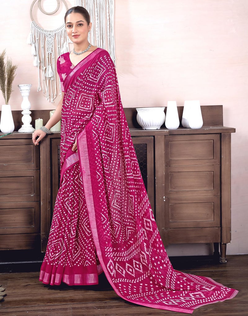 SIRIL Women's Cotton Linen Bandhani Printed Saree with Unstitched Blouse Piece (4217S129_Pink) - Image 3