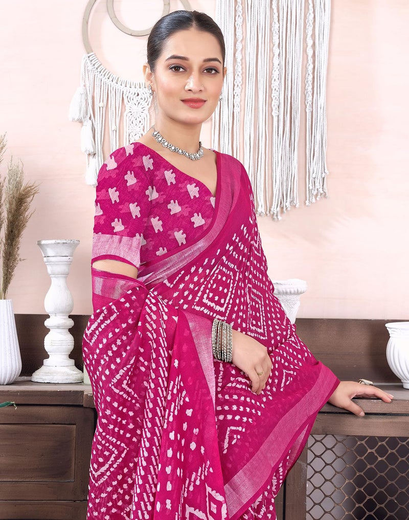 SIRIL Women's Cotton Linen Bandhani Printed Saree with Unstitched Blouse Piece (4217S129_Pink) - Image 5