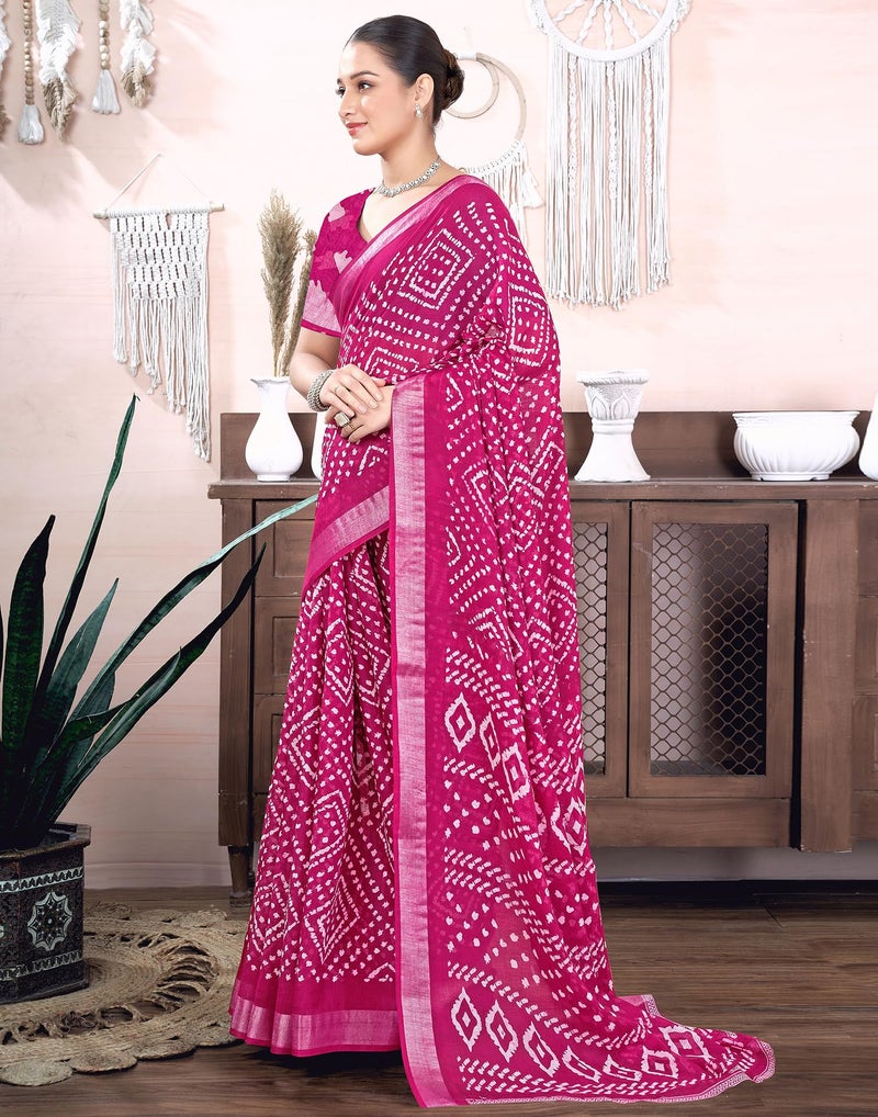 SIRIL Women's Cotton Linen Bandhani Printed Saree with Unstitched Blouse Piece (4217S129_Pink) - Image 2