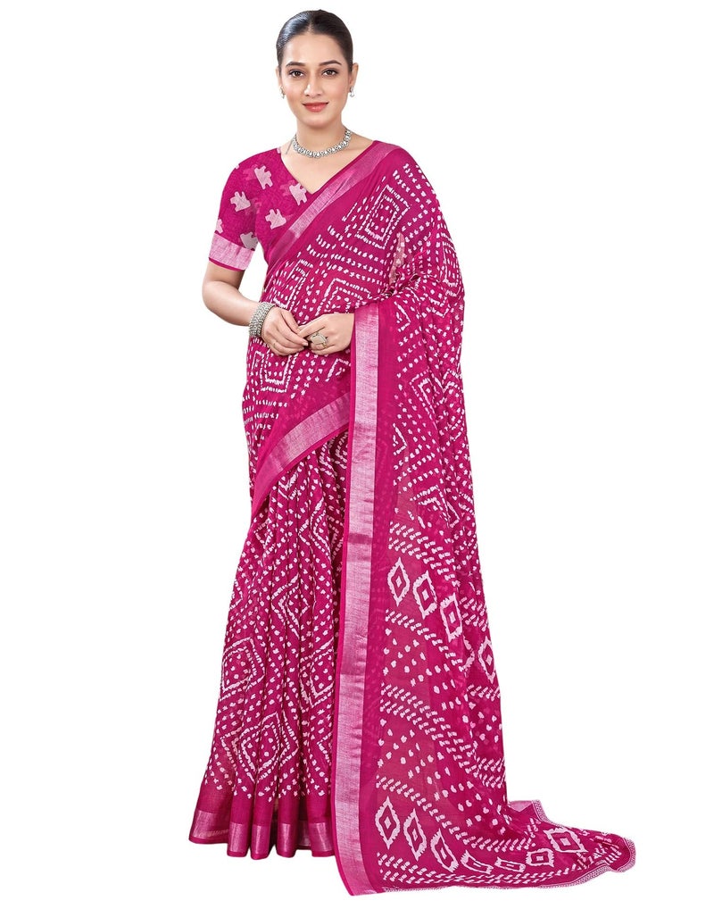 SIRIL Women's Cotton Linen Bandhani Printed Saree with Unstitched Blouse Piece (4217S129_Pink) - Image 1