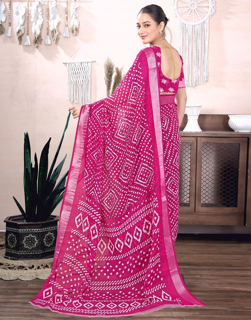 SIRIL Women's Cotton Linen Bandhani Printed Saree with Unstitched Blouse Piece (4217S129_Pink) - Image 4
